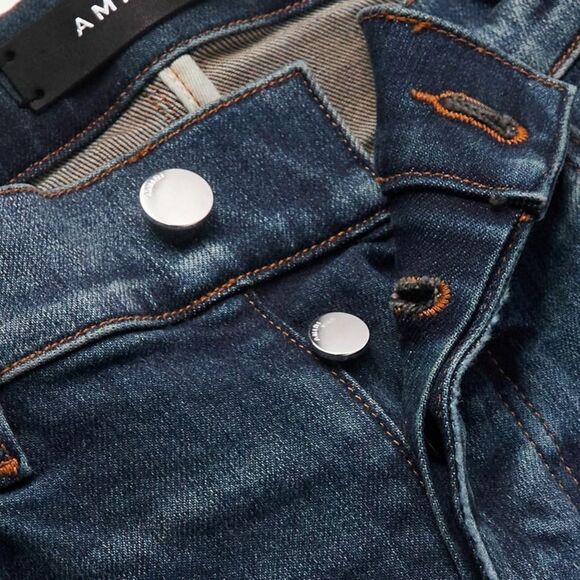 AMIRI Skinny-Fit Leather Appliquéd Distressed Jeans Blue/Black 32 NWT - Picture 4 of 16